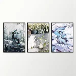 Pokemon Poster Set of 3 Watercolor Eevee Evolutions Ukiyoe Wall Art Japan Woodblock Style - Umbreon Leafeon Glaceoon Poster (No Framed)