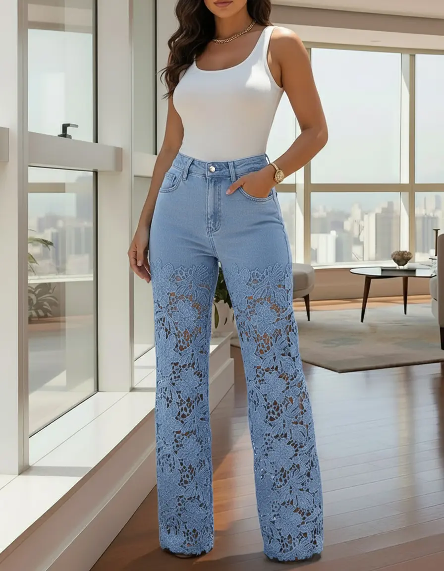 Live Only CHICME Guipure Lace Spliced High Waist Zipper Fly Wide Leg Washed Jeans Live Only CHICME Guipure Lace Spliced High Waist Zipper Fly Wide Leg Washed Jeans