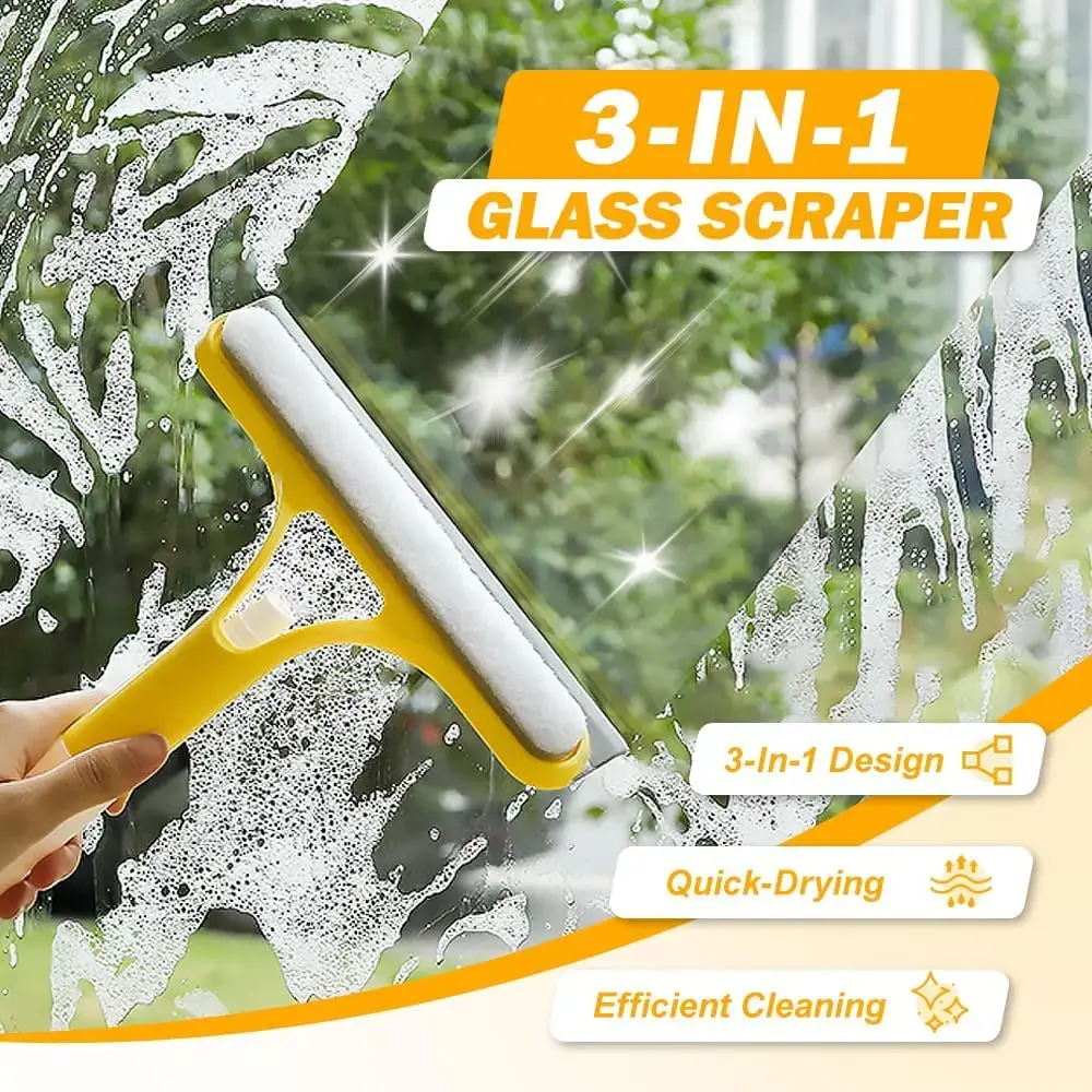 3 in 1 Window Cleaning Scraper, Squeegee and Scrubber with Spray, Multifunctional Household Cleaning Tool, Car Windshield Cleaner,Lightweight Silicone Microfiber Wipe, Mirror Cleaner