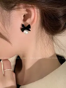 Velvet Pearl Bow Earrings, Elegant Jewelry Accessory, Perfect for Special Occasions, Unique Design, High-Quality Material