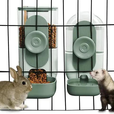 2PCS Green Hanging Automatic Food and Water Dispenser, Gravity Rabbit Feeder Set, Cage Cat and Bunny Food Bowl