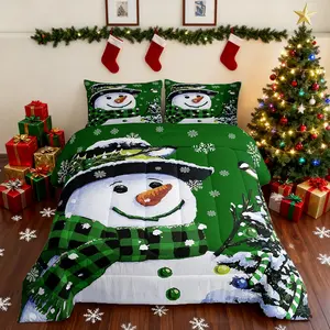 Christmas Theme Decorations Luxury Bedding Set,Xmas Snowman Bed Comforter Set,Snowflake Kawaii Cute Comforter,Green Comfortable Bedding