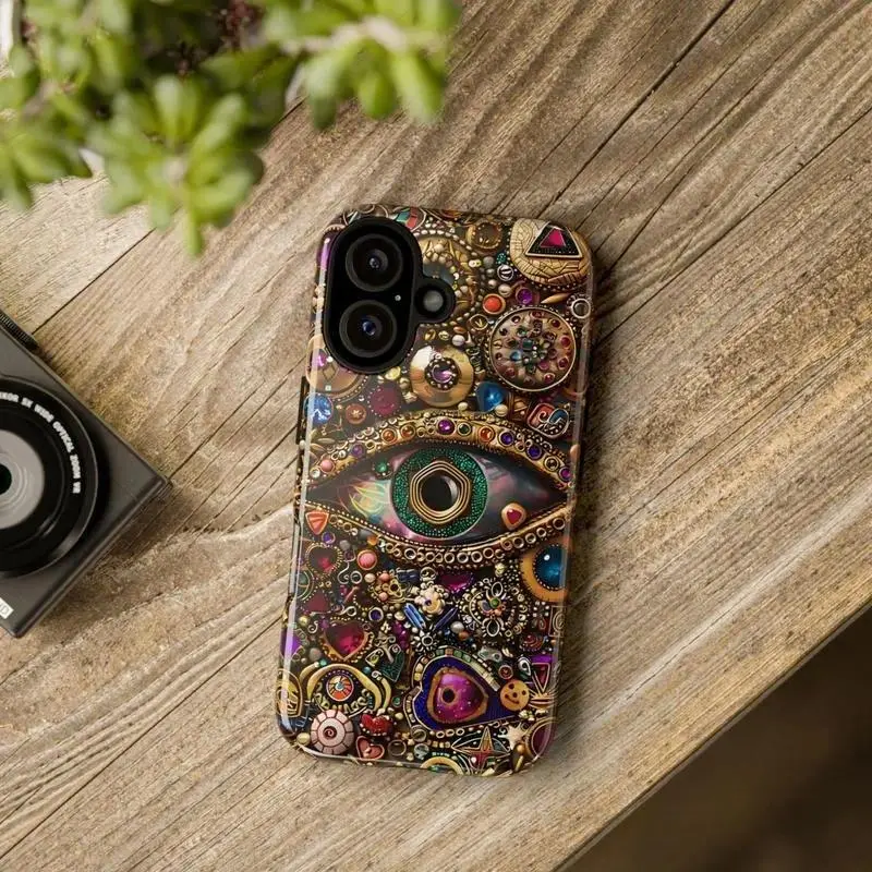 Evil Eye Charm Mosaic Smartphone Case, Collage Design with Realistic Gold and Purple Gem Effects, Cellphone Cover & Shell Accessory Compatible with iPhone 11/12/13/14/15/16/17 Pro, ProMax, Plus, Air