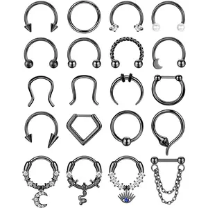 20PCS Septum Rings 16G for Women - Hypoallergenic Surgical Steel Daith Piercing Jewelry Cute Dangle Nose Ring Clicker for Helix, Tragus, Daith, Cartilage Earrings Hoop