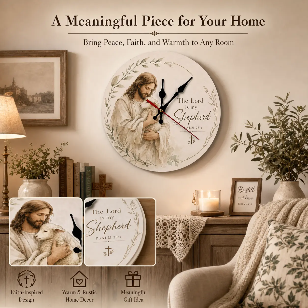 Christian Wall Clock Jesus the Good Shepherd Psalm 23:1 Rustic Farmhouse Round Wall Decor