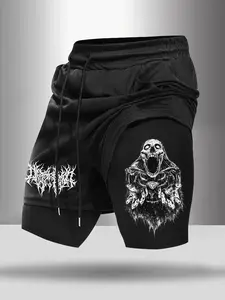 Men's Dark Skull Graphic 2-In-1 Gym Shorts - Athletic Double Layer Shorts for Workouts, Comfortable Fabric for Edgy Casual Wear, Trendy Hardcore Fashion Piece