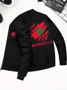 Men's Morocco National Pride Jacket, Trendy Ripped Flag Design for Winter, Fitted Casual Style with Geometric Pattern