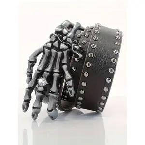 Fashion Men Women Skull Hand Leather Buckle Belt Waist Band Jeans Decorative Punk Belt Black Studded Belt Buckle