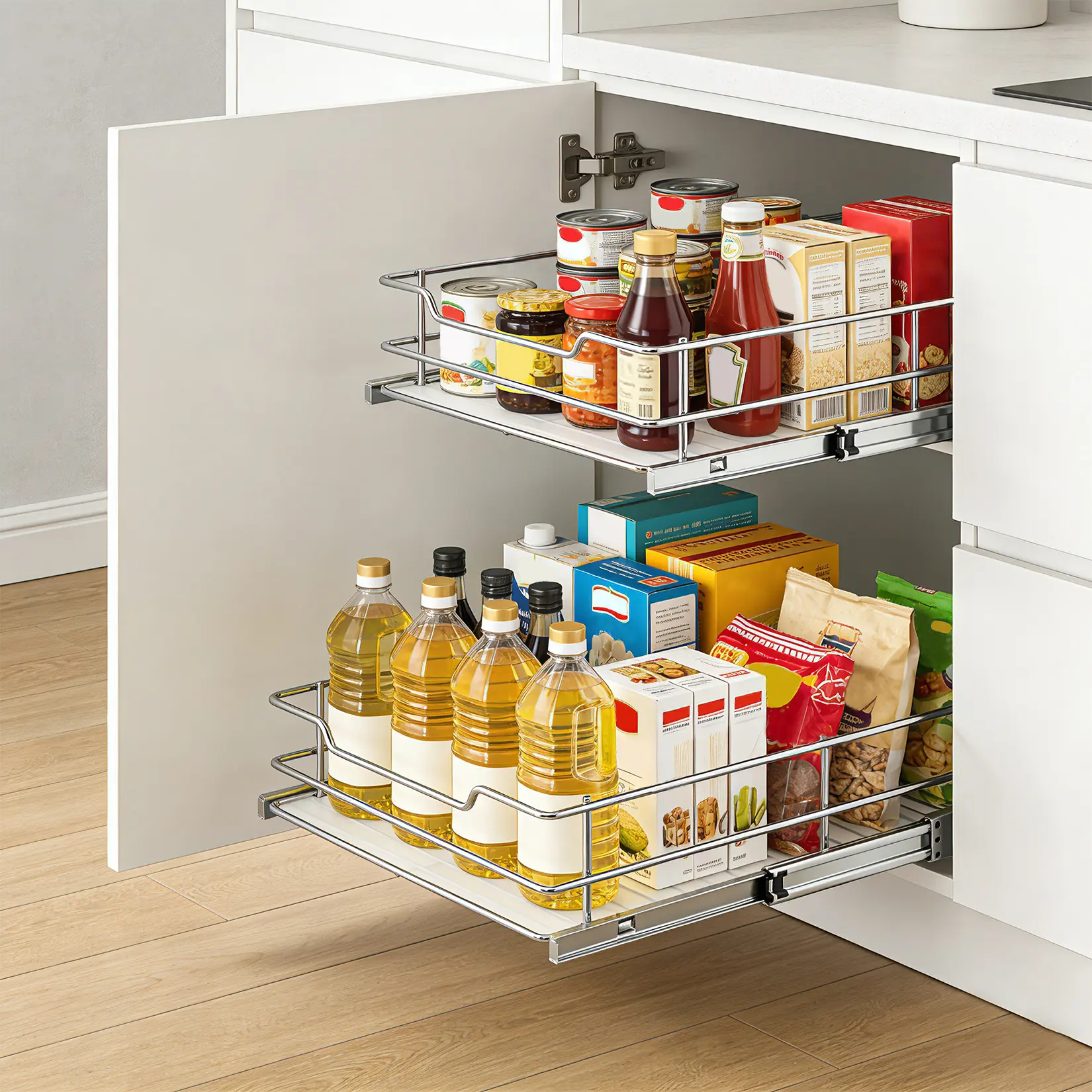 20" W x 21" D or 14" W x 21" D Metal Pull-Out Cabinet Organizer | 2-Tier Carbon Steel Kitchen Storage Rack