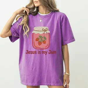 "Jesus is my jam" embroidered T-shirt, featuring a Christian strawberry jam design, a perfect religious gift for mom, an adorable Bible-themed top, made of comfortable and soft fabric.