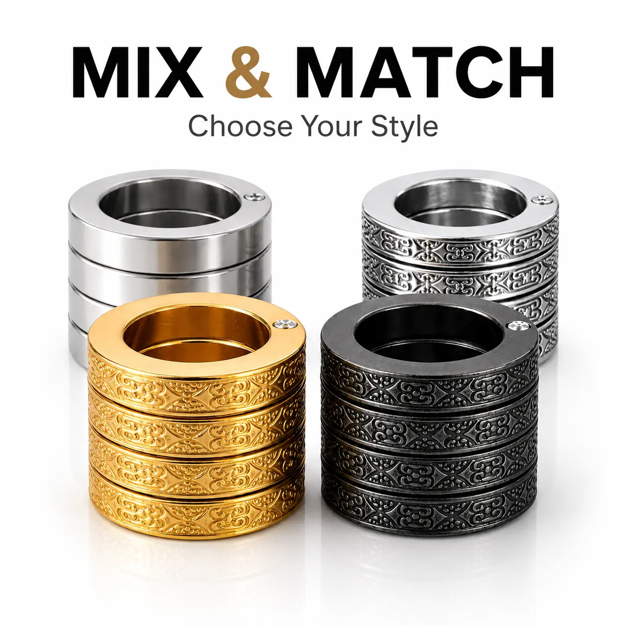 2PCS Foldable 4-Band Spinner Ring Set, Two Color Mixed Fidget Rings, Textured & Smooth Stainless Steel Statement Rings for Daily Carry, Focus, Streetwear & Everyday Wear