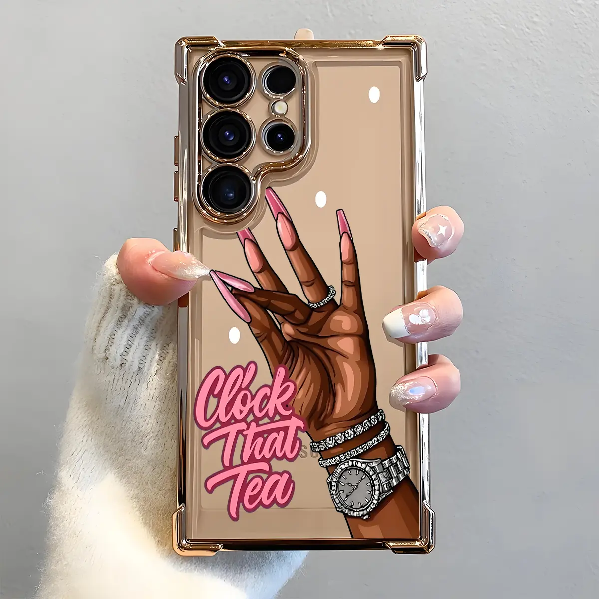 Fashion Hand & Clock Tea Text Pattern Smartphone Case - Electroplated Handheld Cellphone Cover, Airbag Shockproof Slim Soft TPU for Samsung S22 S23 S24 S25 S26 Ultra, S24FE Plus, S25+ S25Edge (Device Protection), Casing, Devices