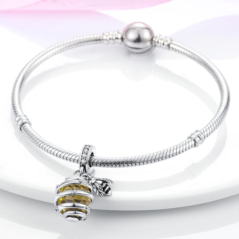 MULA 925 Sterling Silver Honeycomb Bee Charm | Shiny Zirconia | Suitable for Pandora Bracelets and Necklaces | Perfect Gift for Nature Lovers and Women