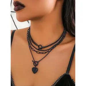 Women’s punk-style heart-shaped pendant necklace and OG (Orthogonal) chain necklace, set of 4 fashion charms and chains, birthday gift gothic jewelry, gothic witch jewelry GARMENTARY