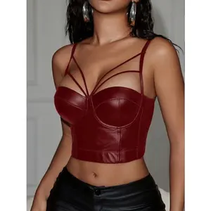 Apperloth Studio Women Faux Leather Strappy Corset Crop Top Sexy Cutout Bustier With Crisscross Straps For Party Nightout OOTD(Size up for fit))