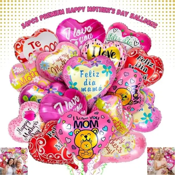24PCS Mother’s Day Balloons Set – Happy Mom Foil & Latex Balloons, Party Decorations for Mom, Grandma Birthday Supplies