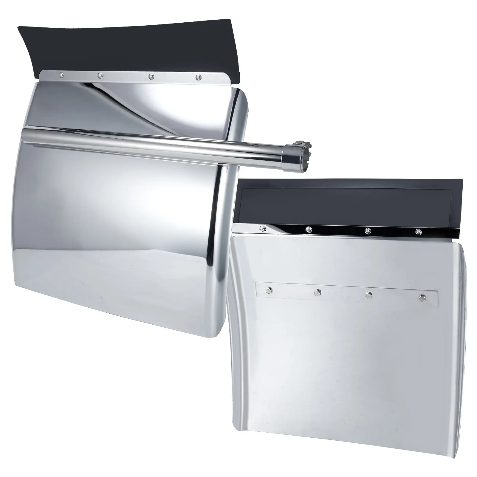 Heavy Duty Stainless Steel Quarter Fenders for Semi Truck Vehicles, Chrome Plated Silver Splash Guard Parts with Tube Bracket & Single Bolt Mount Hardware, Available in 24"x24", 24"x27", 24"x29" Sizes