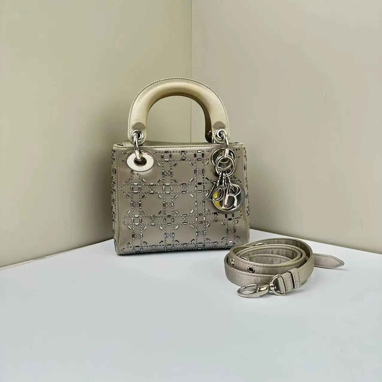 Pre-owned Dior Satin Crossbody Bags LadyDior Mini Cannage Crystal Gray CPU0806