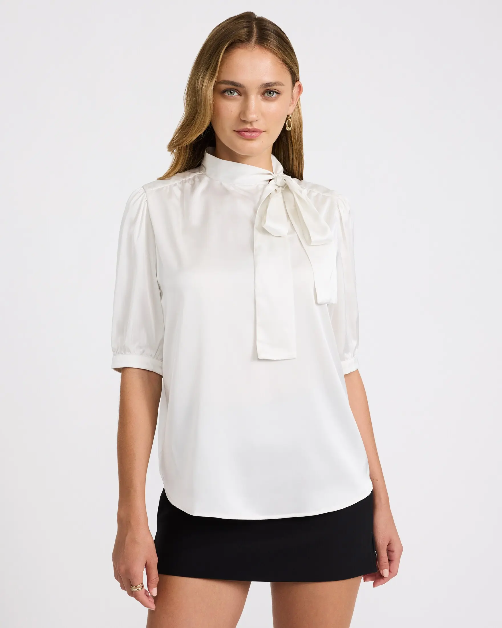 Express Satin Tie Neck Elbow Sleeve Top