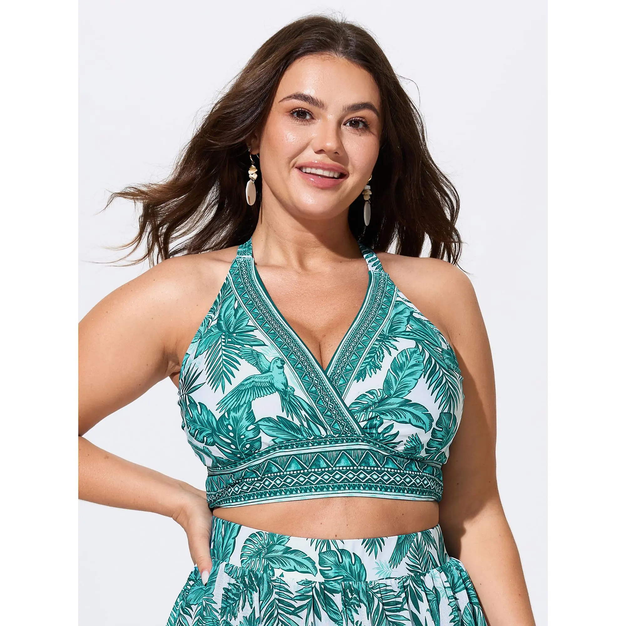 BLOOMCHIC Plus Size Tropical Print Surplice Neckline Swim Top M-6X,Summerfinds