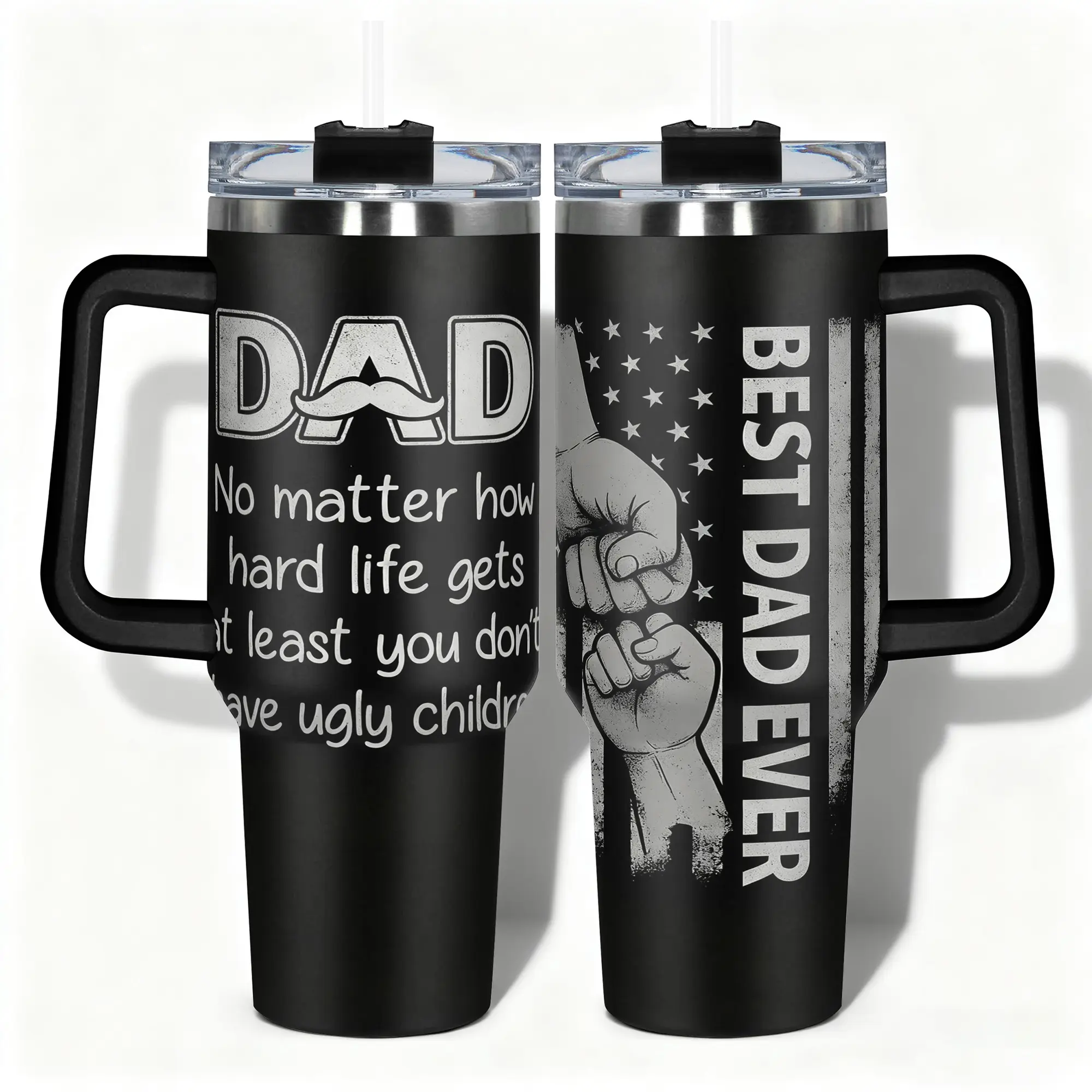40oz Funny Dad Tumbler with Handle and Straw, Best Dad Ever Insulated Stainless Steel Travel Mug, Birthday Christmas Gift for Dad