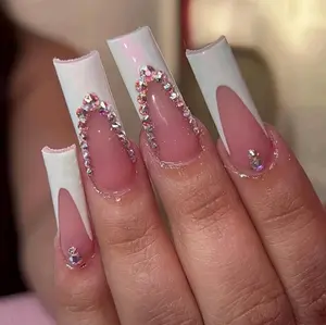 Extra Long Square Pink and White French with Rhinestones Press On Nails 24CT nail