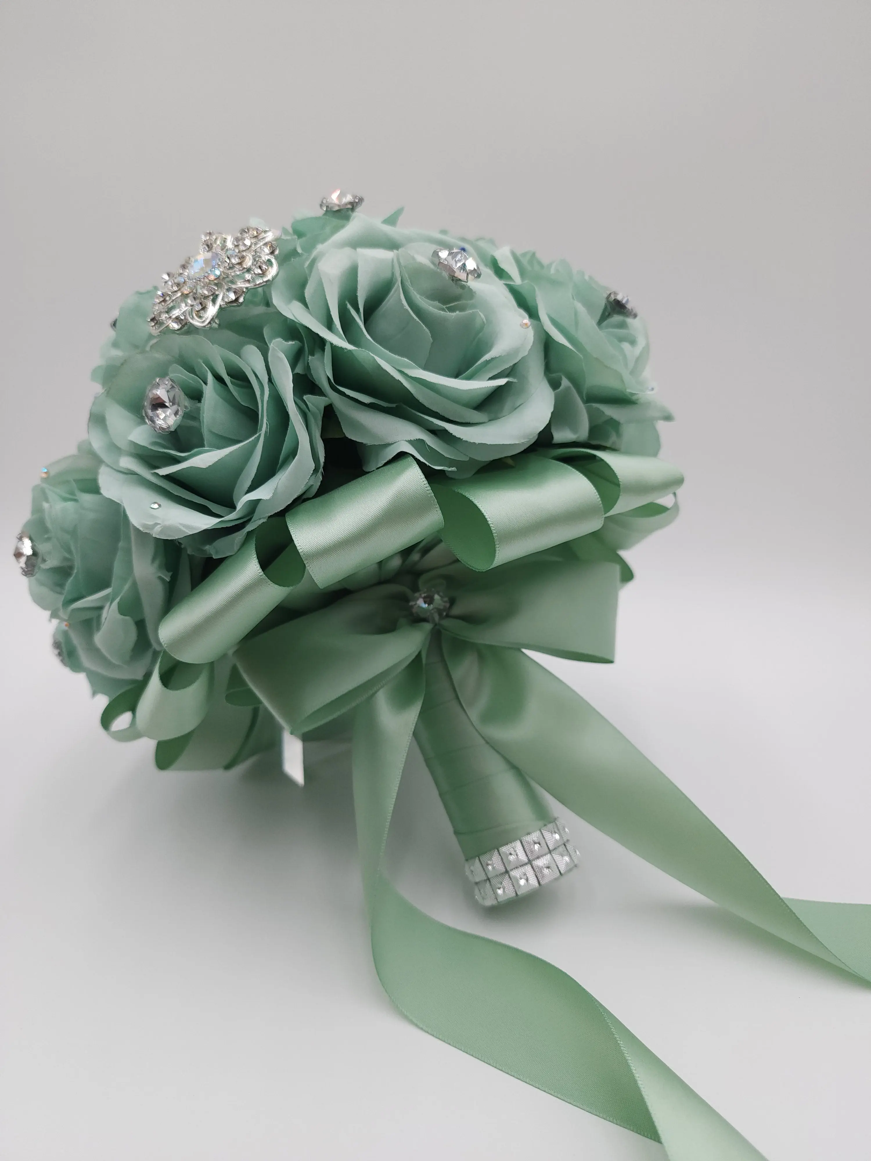 Sage Green Rose Bridal Bouquet – Handmade Crystal Wedding Bouquet with Satin Ribbon | Bride, Bridesmaids, Quinceañera & Prom Flowers