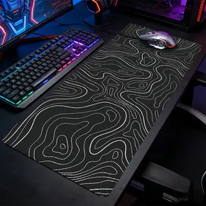 Black White Topographic Contour Pattern Large-Sized Gaming Mouse Pad, Minimalist Map Style Desktop Protection Pad, Desk Mat, Anti-Slip Rubber Lock Edge High-Definition Printing, Suitable For Computers, Laptops, Offices, Great Gift For Family Friend