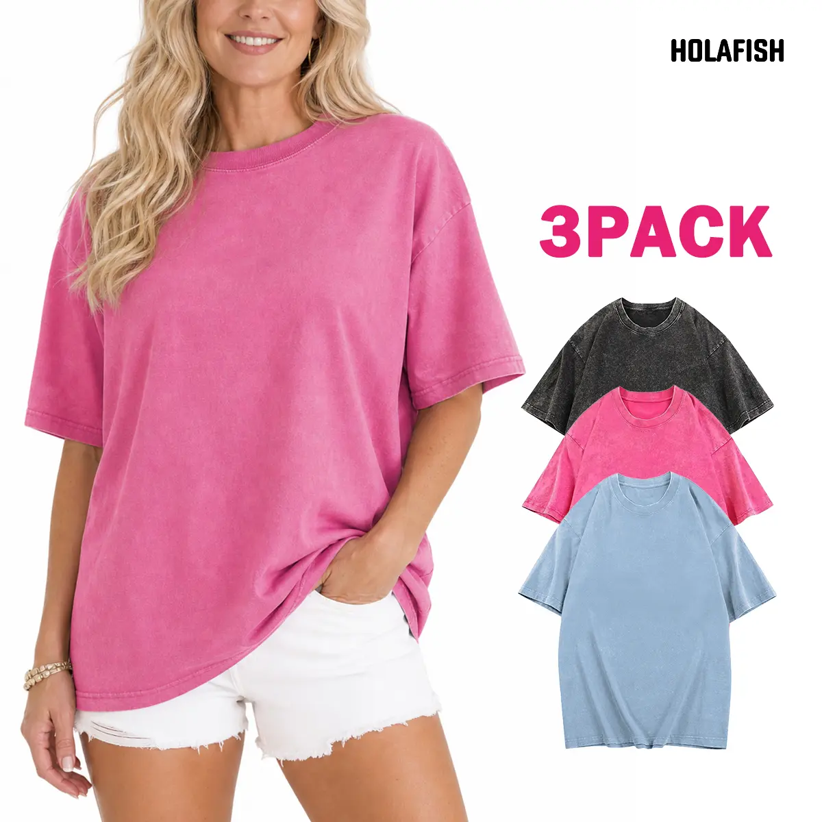 Holafish  3Pack Unisex Acid Washed Tshirt Cotton Fabric T-Shirts - Vintage Crewneck Half Short Sleeves, Casual Loose Solid Streetwear Tops, Soft Retro Acid Washed, Suitable for Beach, Fitness