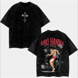 Menswear Baki Hanma Anime Short-Sleeve T-Shirt - Vintage Washed Distressed Graphic Casual Tee, Oversized Cotton Streetwear, Unisex Japanese Fighter Gift T-Shirt, 90s Style