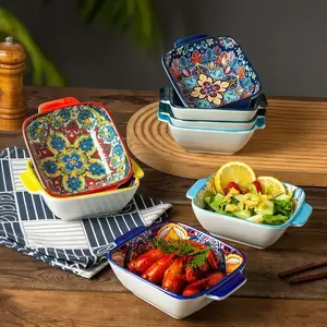 Bohemian Style Rectangular Double Handle Bowl Set, Colorful Baking Bowl, Dessert Bowl, Kitchen Tableware Set for Salad, Snack, Serving Bowls