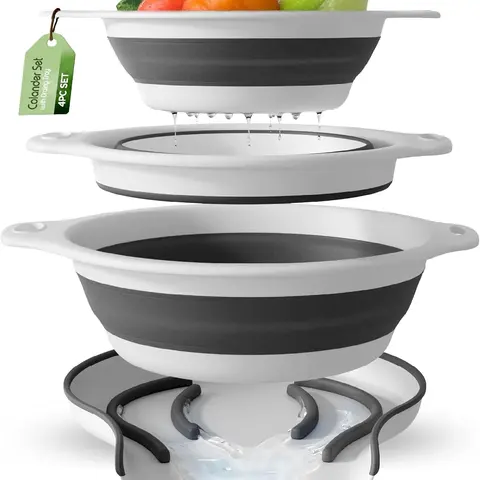 Gevoli Collapsible Colanders 3-Pack Sturdy Kitchen Strainer Set, Compact with Over-Sink Self-Drainage Base, 3 Sizes (3QT, 4QT, 5QT) for Dinner Prep (Patent Pending, White)