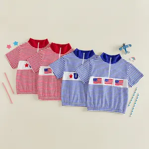 Afunbaby Kids Baby Little Boys 4th of July T Shirt Letter Star Embroidery Striped Short Sleeve Quarter Zip Tops for Independence Day
