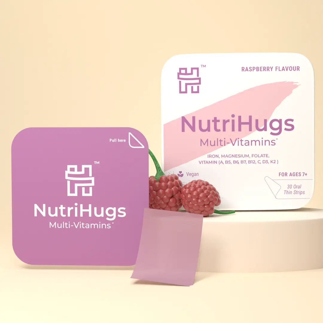 NutriHugs by MedHugs Organic 11-Multi-Vitamin Thin Film Strips Dietary Supplement with Iron - 30 Raspberry Flavored Oral Melts, Unidose, Vegan, Non-GMO, Sugar-Free - For General Health, Gluten Free
