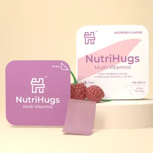 NutriHugs by MedHugs Edible Organic 11 Multi-Vitamin Thin Film Strips Supplement with Iron - 30 Raspberry Flavored Oral Melts - For Healthcare, General Health - Vegan, Non-GMO, Sugar-Free