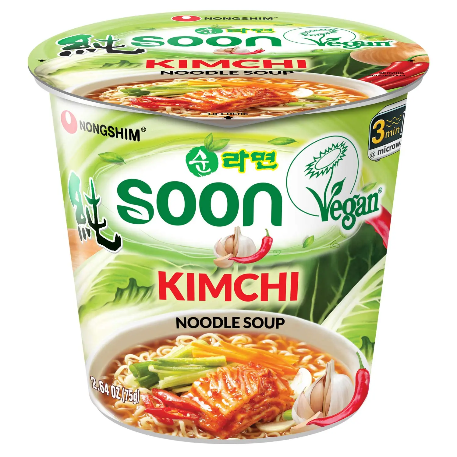 Nongshim Soon Kimchi Flavor Instant Vegan Ramen Noodle Soup Mix Cup - Spicy Tangy, Microwavable, Ambient, Meatless Korean Food with Real Kimchi Flakes, Salt-Infused, Light Yet Satisfying Noodles