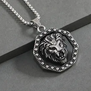 Classic hexagonal lion head pendant necklace, European and American style, stainless steel men's necklace, hip-hop fashion brand, street personality accessory, fashionable birthday gift, Valentine's Day gift, retro versatile,men teen boy
