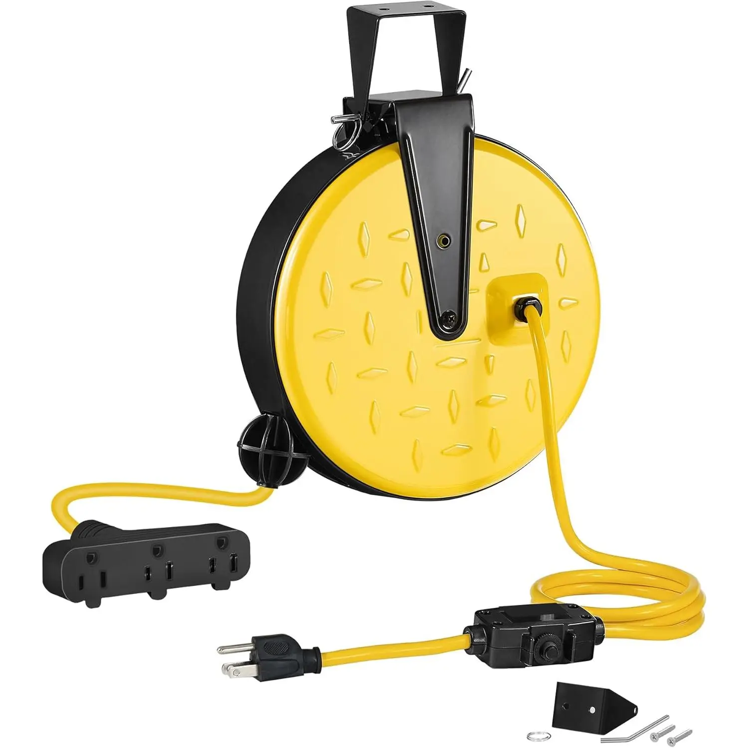 30 Ft Retractable Extension Cord Reel, 16/3 Gauge SJTW Power Cord with 3 Electrical Outlets Pigtail for Garage and Shop, 10 Amp Circuit Breaker, Metal Plate, UL Listed, Black B30CR06