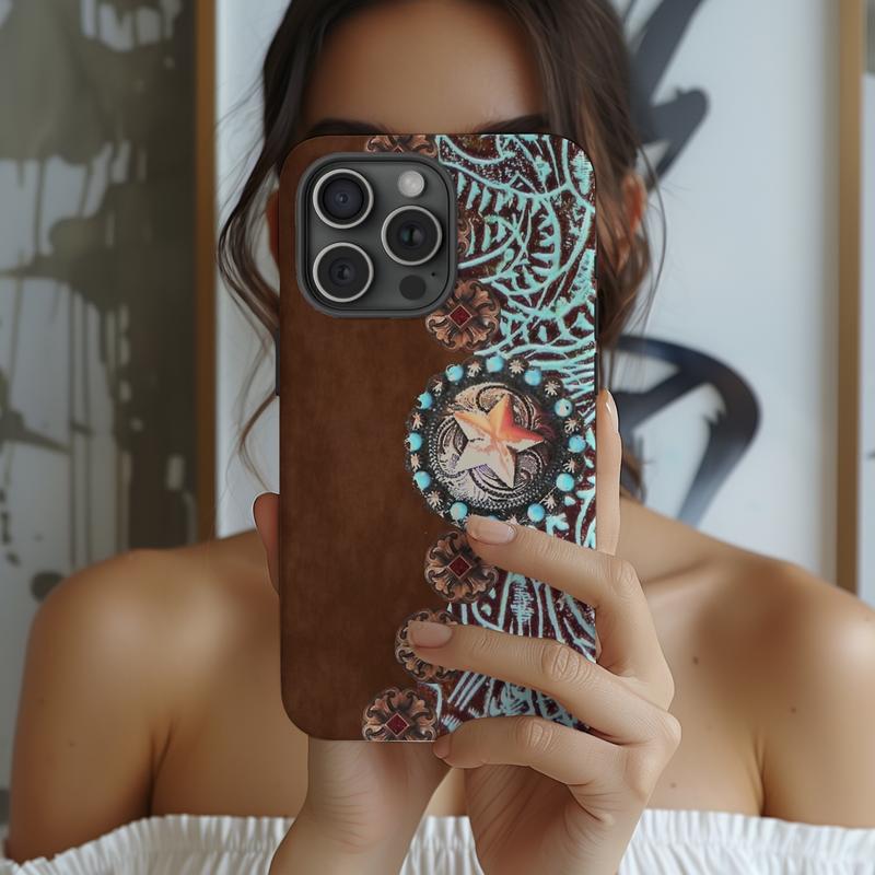 Turquoise Western Phone Case |   Rustic Concho Aesthetic Cover for IP Phone 17 16 15 14 13 12 11 Pro Max Plus SE X XR XS Compatible with Samsung Galaxy S25