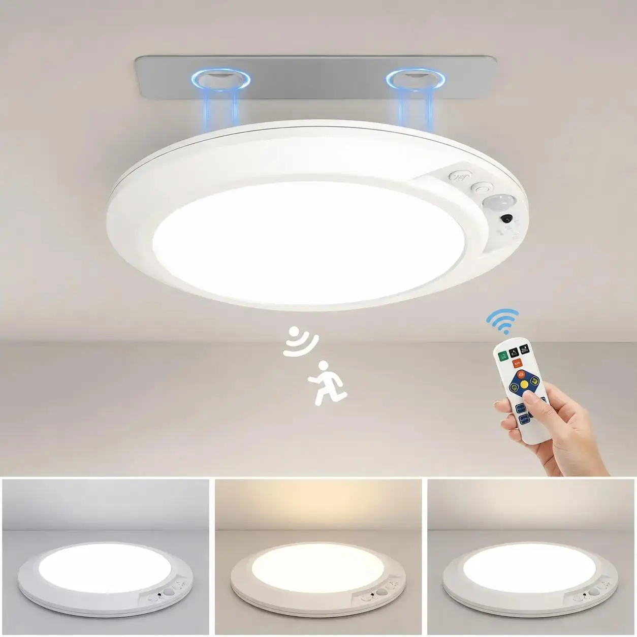 1/2/4 Pack Wireless Rechargeable Motion Sensor Ceiling Light - Battery-Operated, 3-Color Dimmable Magnetic COB LED Overhead Light with Remote, Abs Plastic, Wireless Mount, Waterproof, Rotatable, Flashlight/Tabletop Use for Camping Garage