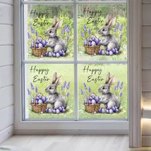 A set (30*30cm*4pcs) of Easter bunny purple series egg flower English flat static stickers, window stickers for holiday window displays and home background decoration, DJ6049*4