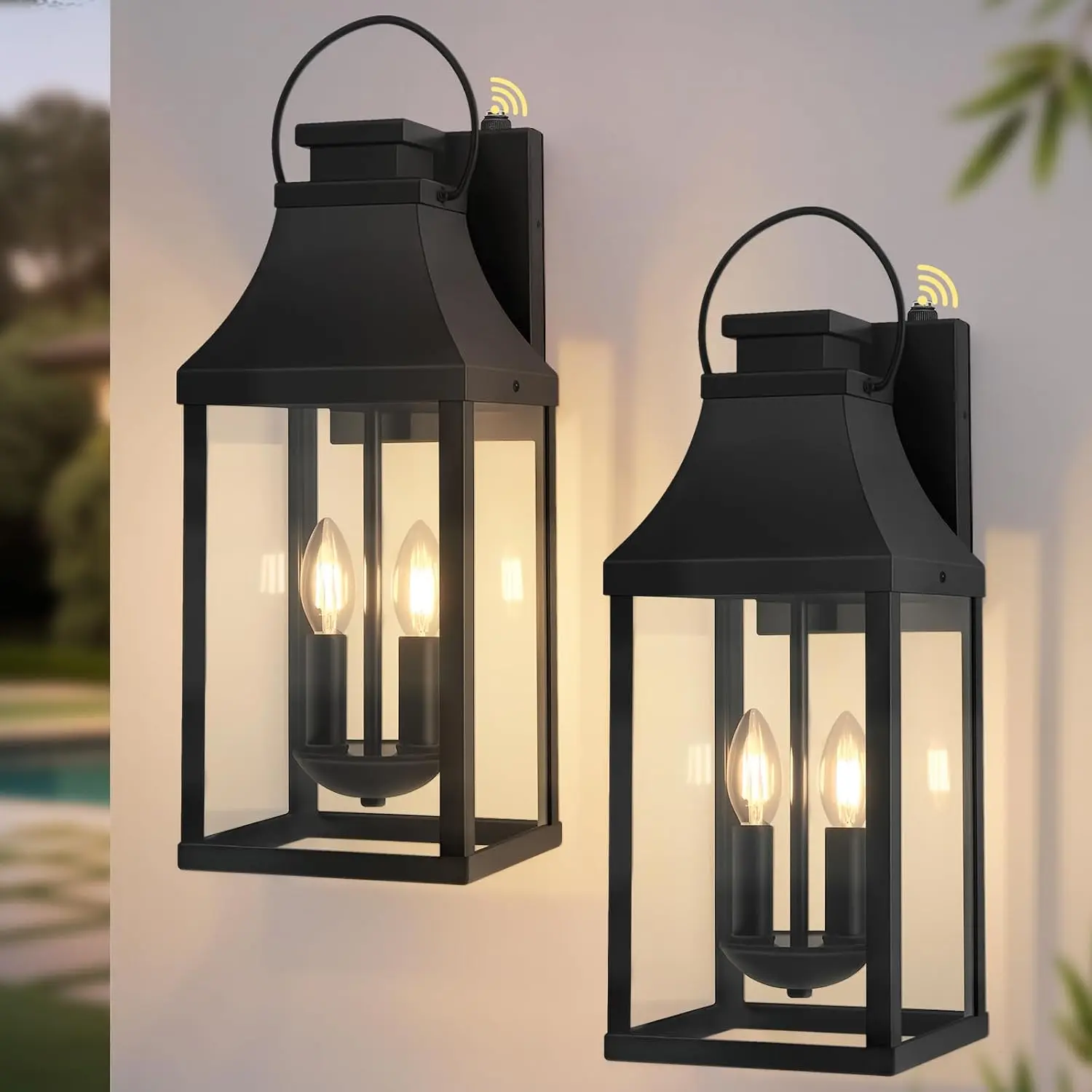Dusk to Dawn Exterior Lighting Fixtures, Black Sensor Outdoor Porch Lights | Auto On-Off, E12 Base, 20'' Outdoor Sconce for House Waterproof, Large Outside Lanterns for Porch Garage Door, Metal, 2 Pack