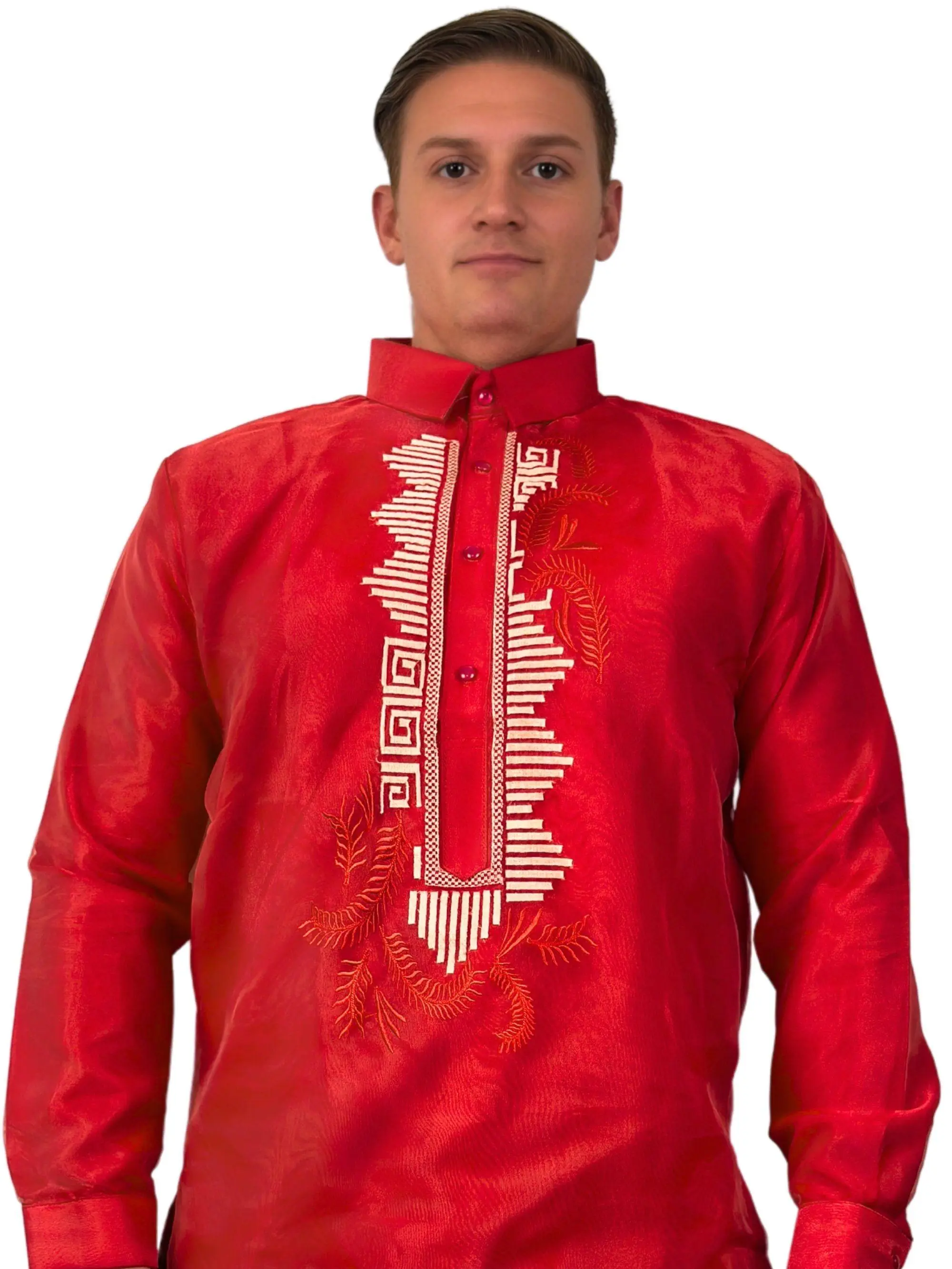 Handmade Kapamilya Barong Tagalog for Men - Long Sleeve Traditional Filipino Shirt - Red Organza - US Size
