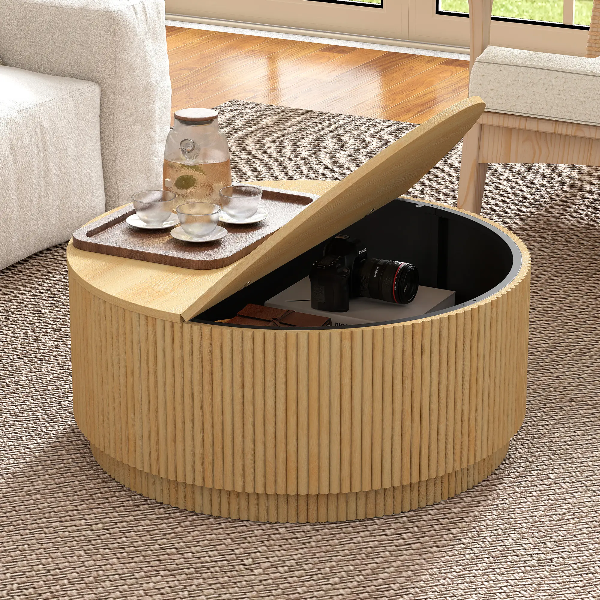 Giratree 31.5'' Round Coffee Table with Storage, Modern Fluted Wood Center Table with Hidden Cabinet for Living Room, Apartment, Office and Small Spaces