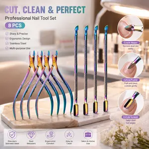8Pcs Color Manicure Tools Set, 4 Cuticle Trimmers + 4 Cuticle Pushers, Professional Nail Care Kit for Home & Salon Use edge clipper father hard skin