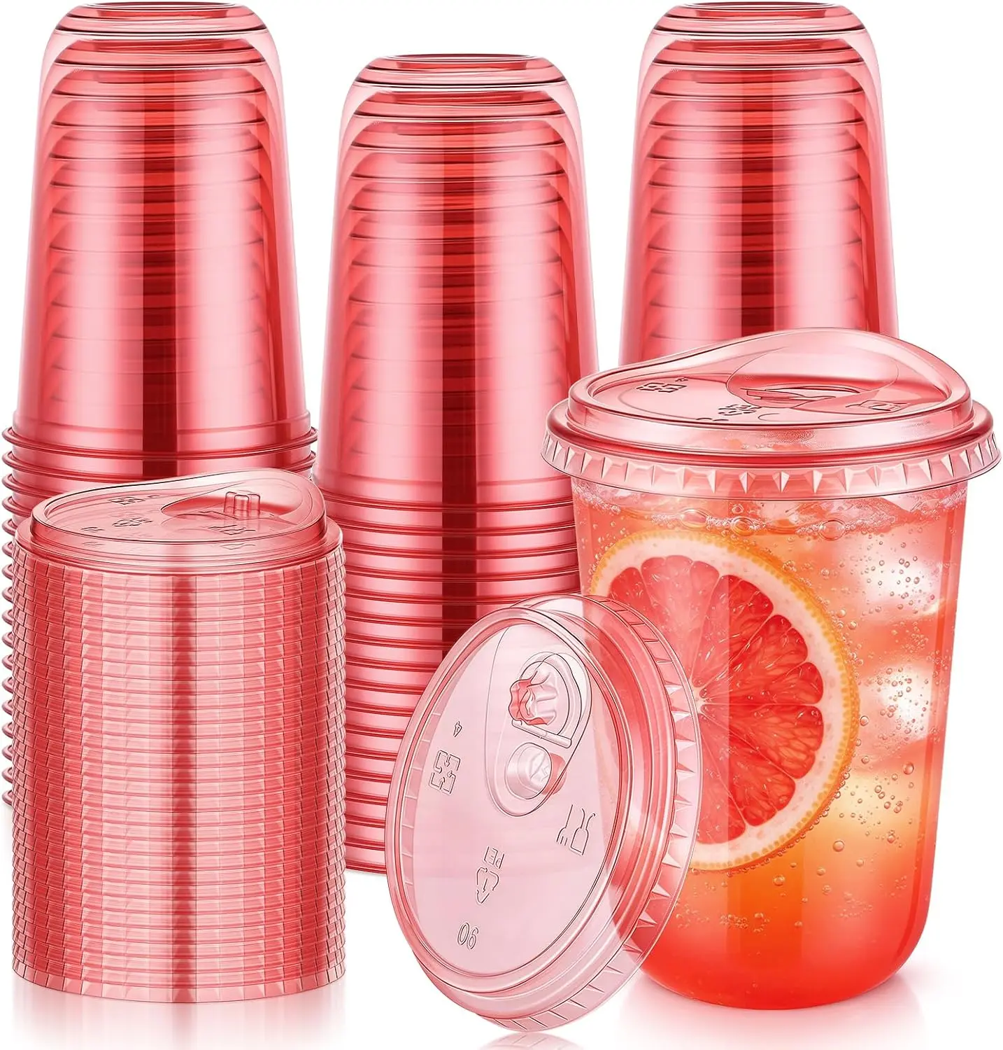 KesaPlan 50 Pack 16 oz Red Round Bottom Plastic Party Cups with Sip Lids Disposable Cute To Go Iced Coffee Cup, Stemless Wine Glasses Drinking Cups for Christmas/Valentine's/Picnics/Birthday/Party