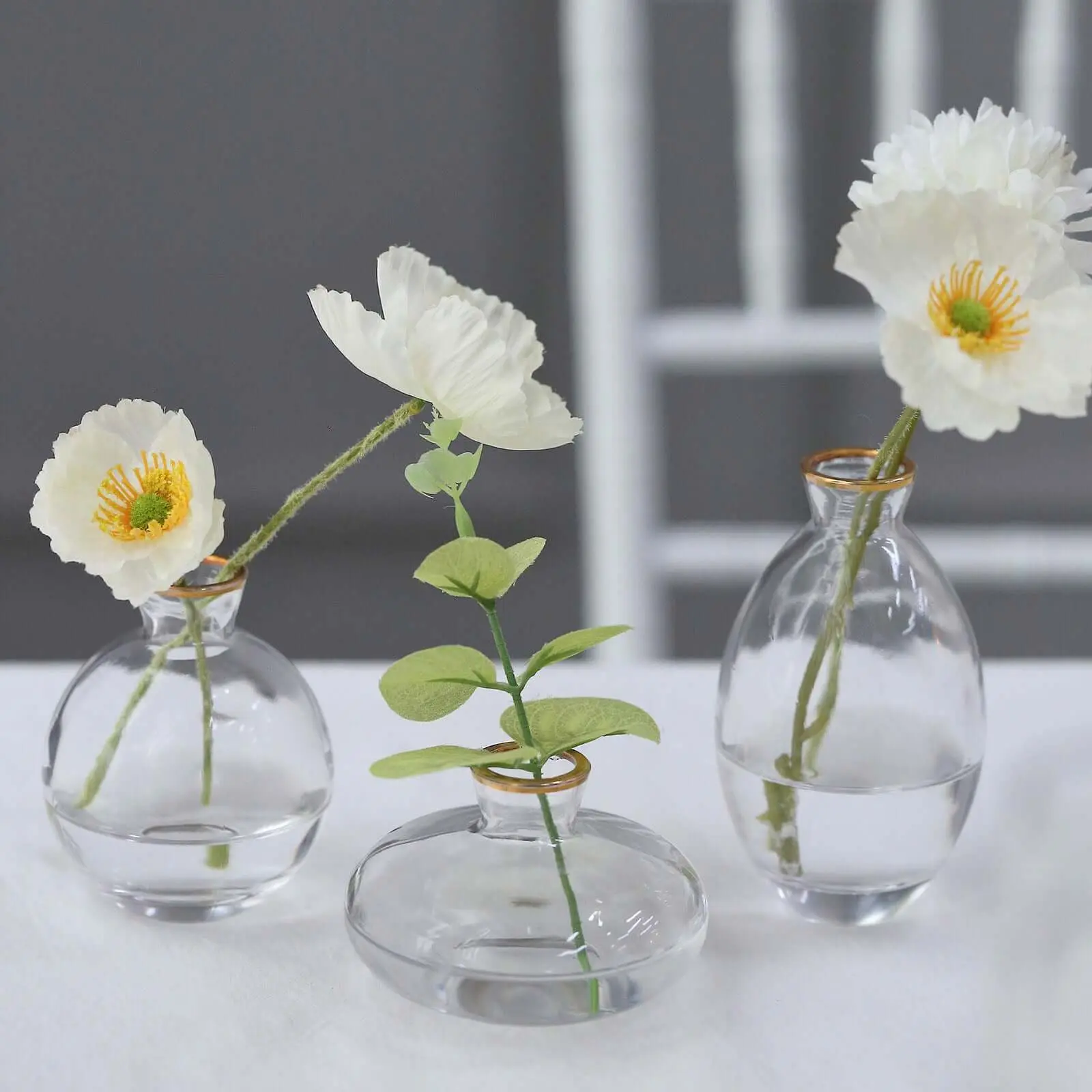 Set of 3 Glass Bud Vases Clear with Metallic Gold Rim - Modern Table Centerpieces