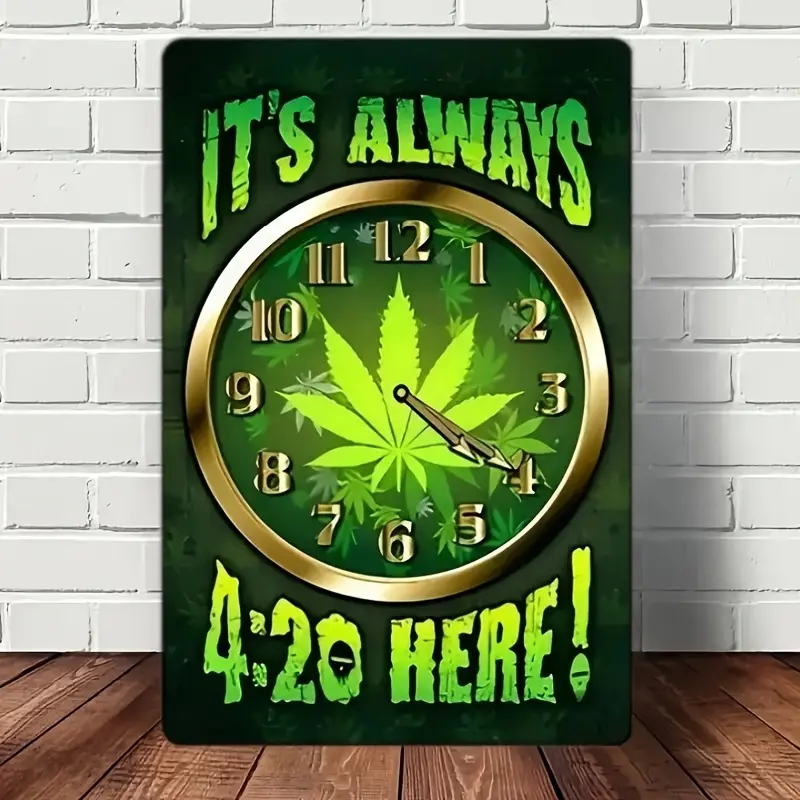 It'S Always 4:20" Vintage Hemp Leaf Clock & Metal Sign Set - Perfect for Home, Bar, for Man Cave, or Garage Decor