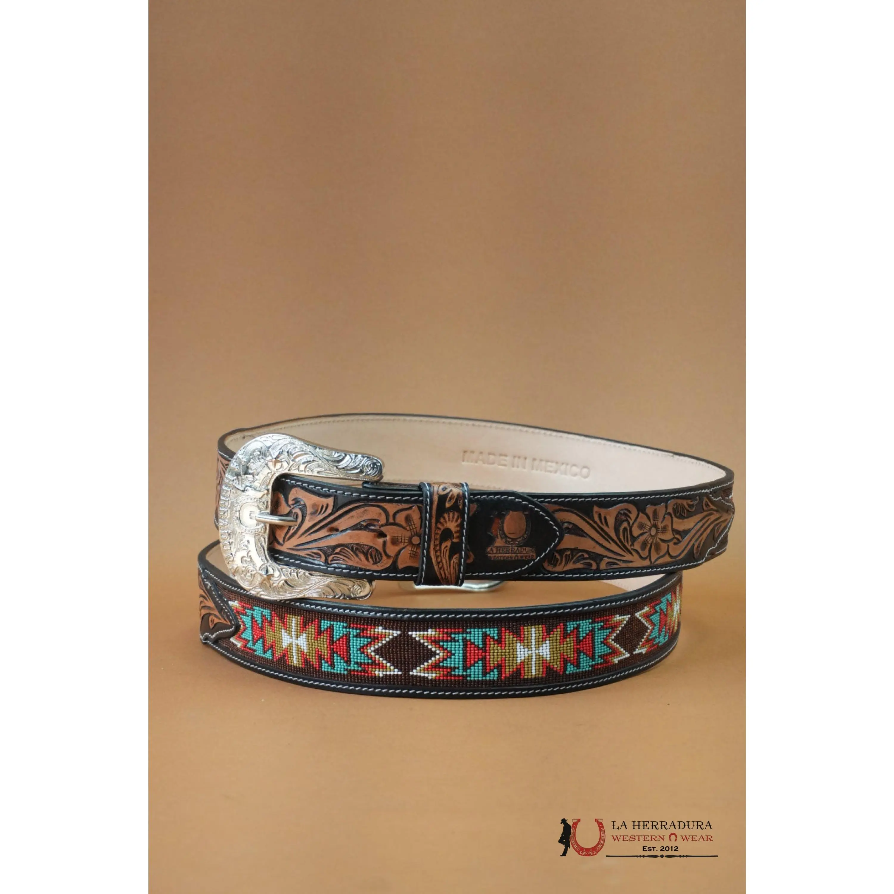 Trendy Exquisite Belt - 2 Inch Handtooled Leather Tribal Belt with All Over Print Teal & Red Aztec Patterns, Western Boho Casual Style, Regular Buckle, Exotic Elegance