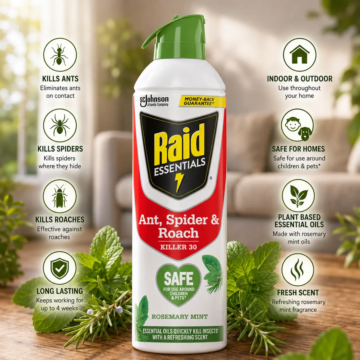 Raid Essentials Ant, Spider & Roach Killer Aerosol Spray, Child & Pet Safe, Fast-Killing, Indoor Use, Rosemary Mint Scent, 10 fl oz + German Cockroach Gel Bait Insecticides